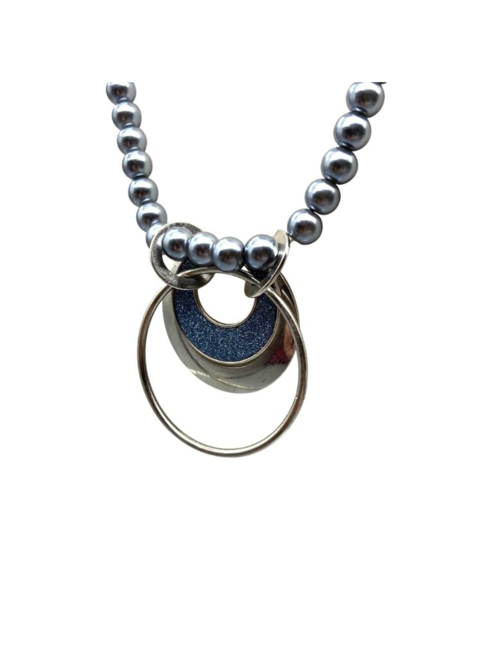 Classy Grey and Silver Circles Pendant on Lustrous Faux Tahitian Pearl Long - Picture 4 of 5